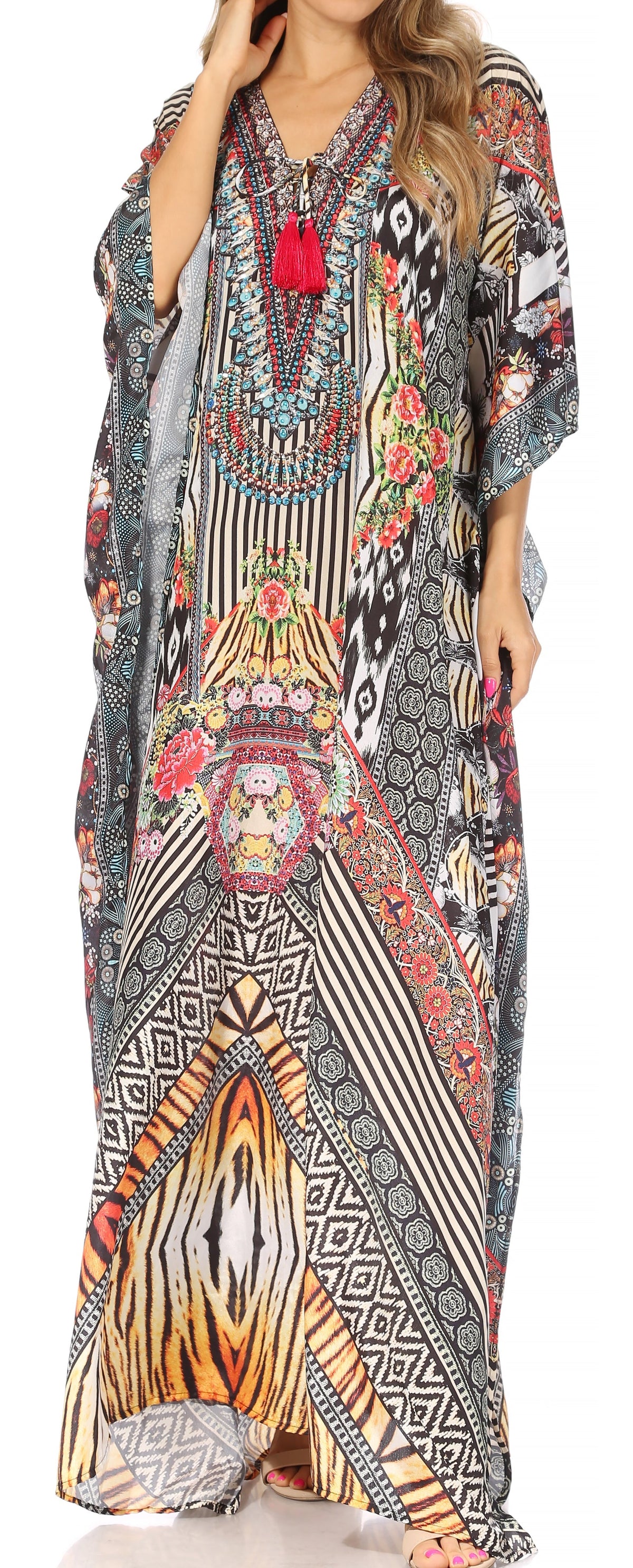 Sakkas Yeni Women's Short Sleeve V-neck Summer Floral Long Caftan Dres
