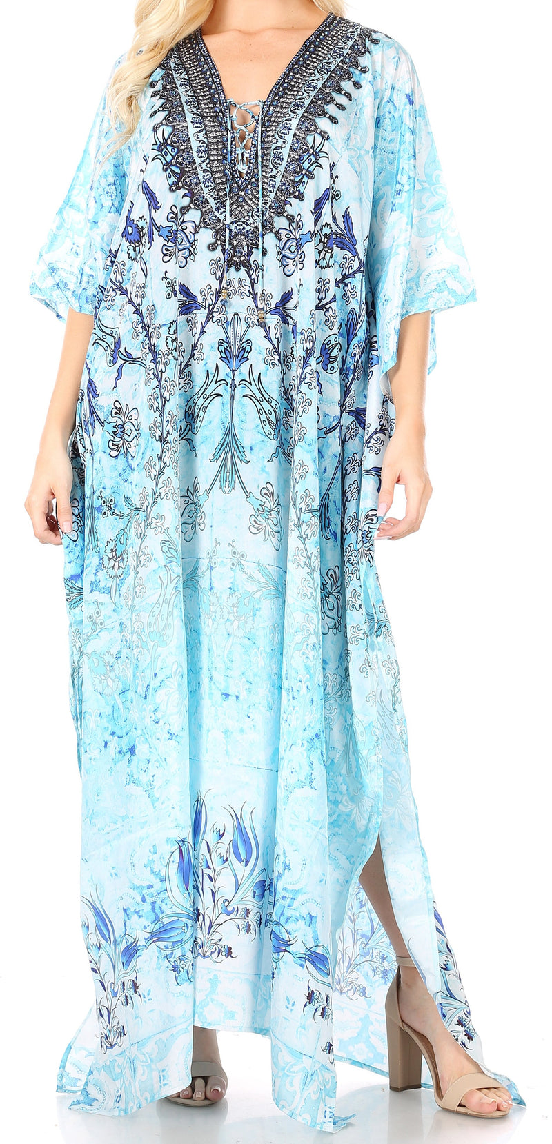 Sakkas Yeni Women's Short Sleeve V-neck Summer Floral Long Caftan Dress Cover-up