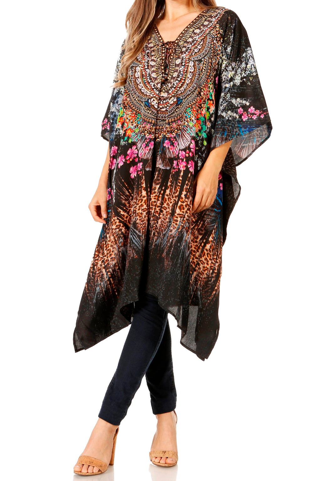 Sakkas Zeni Women's Short sleeve V-neck Summer Floral Print Caftan Dre