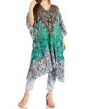 Sakkas Zeni Women's Short sleeve V-neck Summer Floral Print Caftan Dress Cover-up#color_JTU395-Turquoise