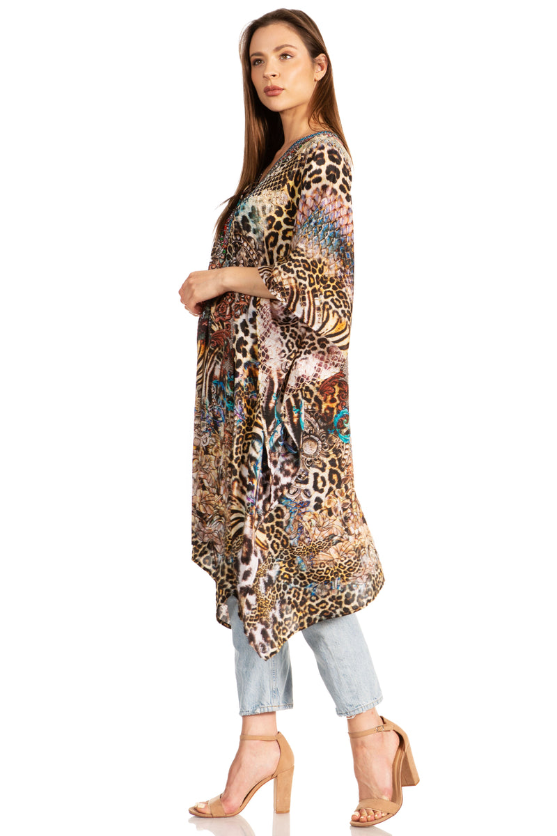 Sakkas Zeni Women's Short sleeve V-neck Summer Floral Print Caftan Dress Cover-up