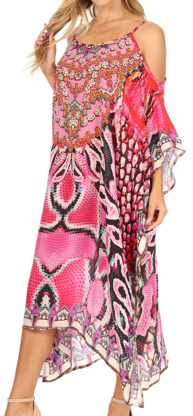 Sakkas Amaya Loose Fit Long Printed Strappy Cutout Shoulder Boat Neck Kaftan Dress