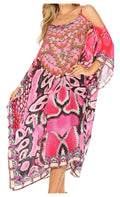 Sakkas Amaya Loose Fit Long Printed Strappy Cutout Shoulder Boat Neck Kaftan Dress#color_BUM93-Multi