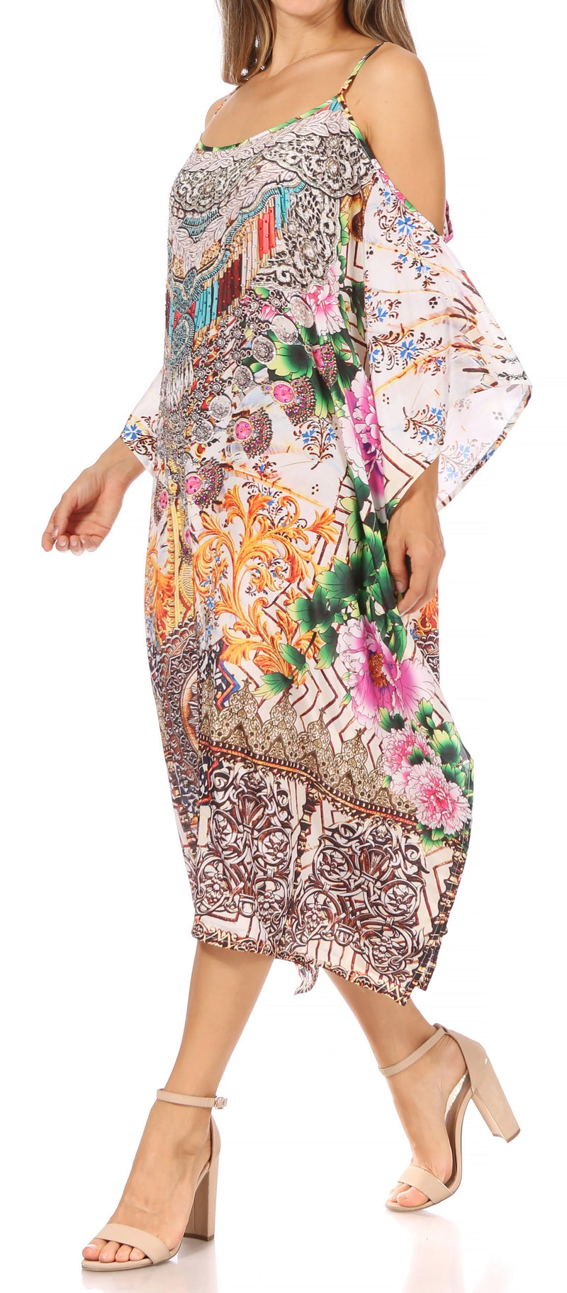 Sakkas Amaya Loose Fit Long Printed Strappy Cutout Shoulder Boat Neck Kaftan Dress