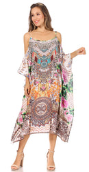 Sakkas Amaya Loose Fit Long Printed Strappy Cutout Shoulder Boat Neck Kaftan Dress