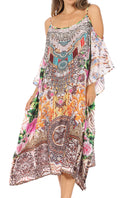 Sakkas Amaya Loose Fit Long Printed Strappy Cutout Shoulder Boat Neck Kaftan Dress#color_FLM149-Multi