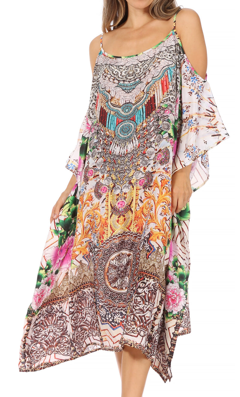 Sakkas Amaya Loose Fit Long Printed Strappy Cutout Shoulder Boat Neck Kaftan Dress