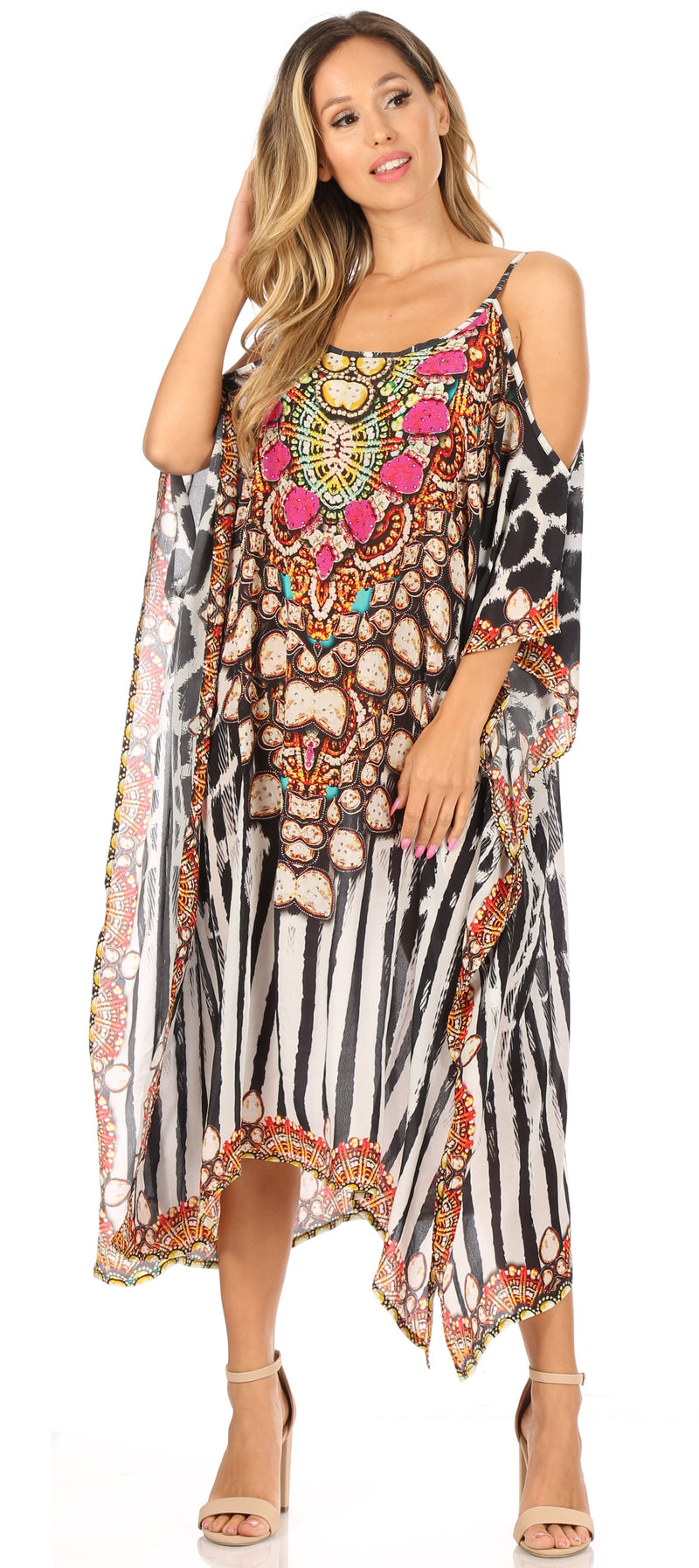 Sakkas Amaya Loose Fit Long Printed Strappy Cutout Shoulder Boat Neck Kaftan Dress