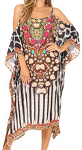 Sakkas Amaya Loose Fit Long Printed Strappy Cutout Shoulder Boat Neck Kaftan Dress#color_JFW16-White