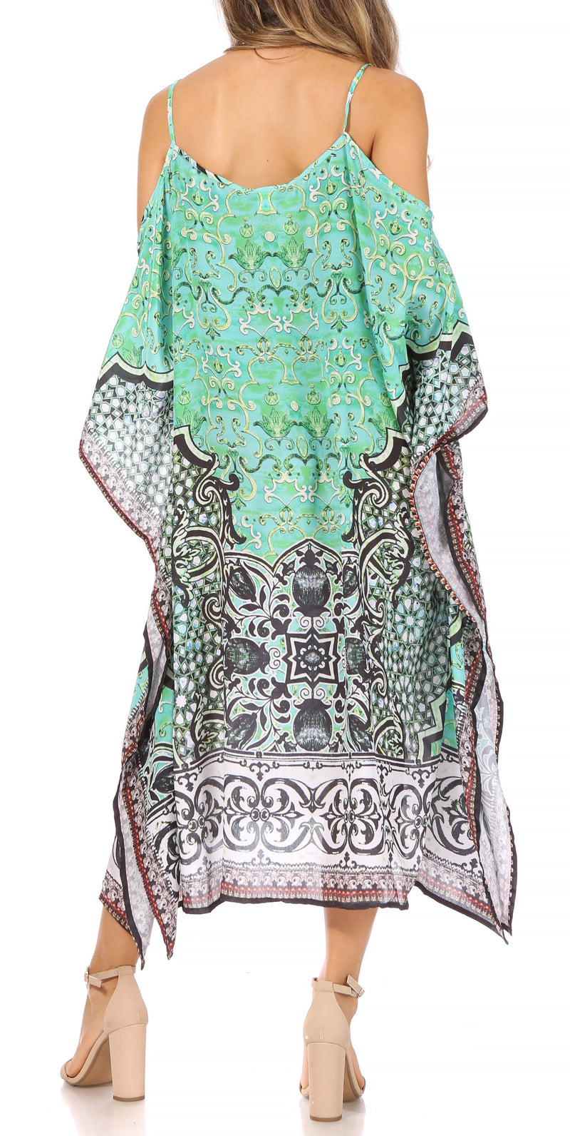 Sakkas Amaya Loose Fit Long Printed Strappy Cutout Shoulder Boat Neck Kaftan Dress