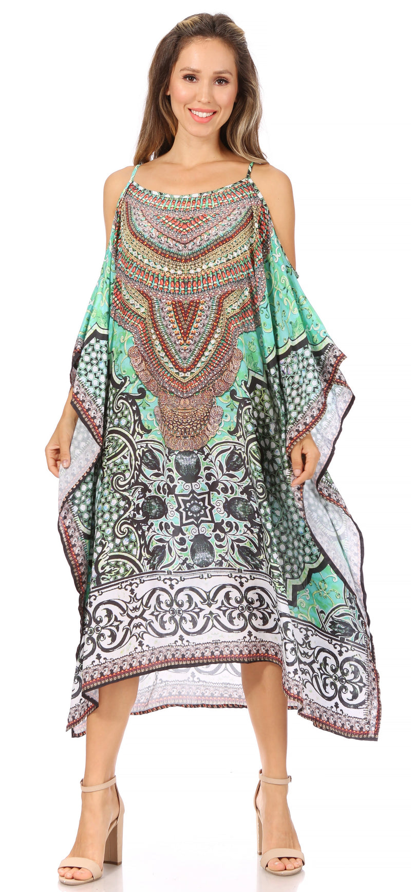 Sakkas Amaya Loose Fit Long Printed Strappy Cutout Shoulder Boat Neck Kaftan Dress