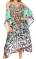 Sakkas Amaya Loose Fit Long Printed Strappy Cutout Shoulder Boat Neck Kaftan Dress#color_ORTU144-Turquoise