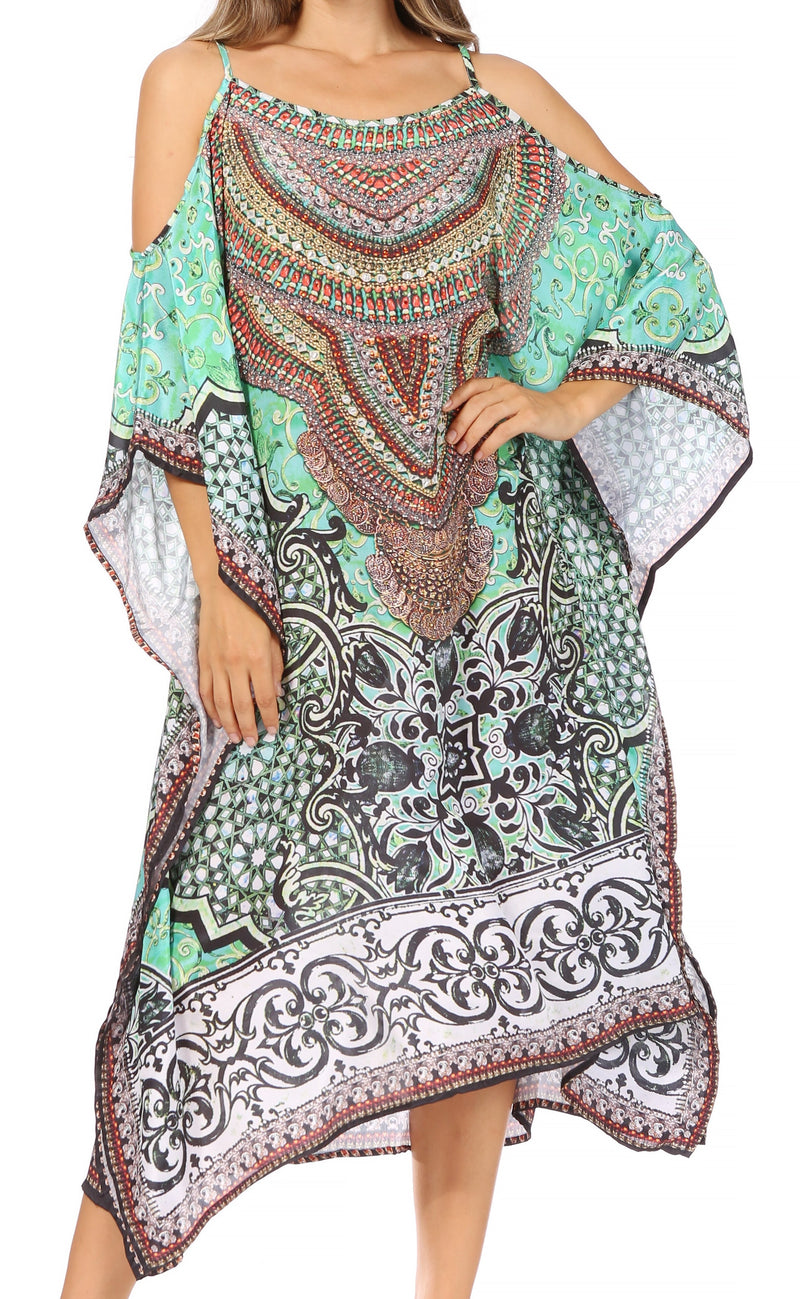 Sakkas Amaya Loose Fit Long Printed Strappy Cutout Shoulder Boat Neck Kaftan Dress