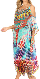 Sakkas Amaya Loose Fit Long Printed Strappy Cutout Shoulder Boat Neck Kaftan Dress