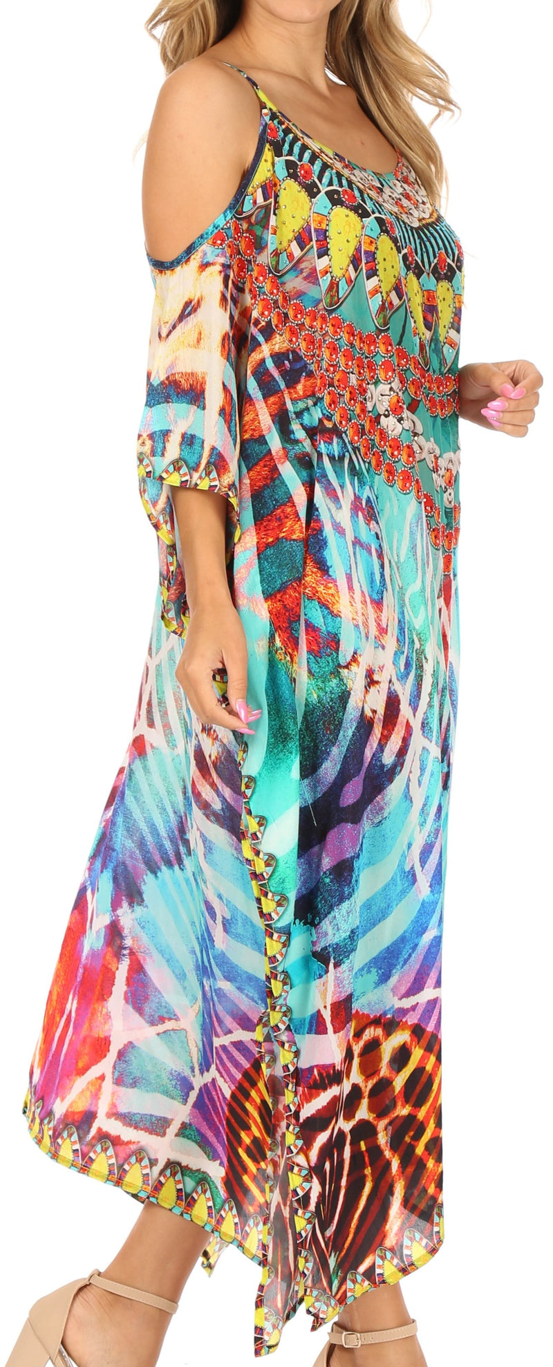 Sakkas Amaya Loose Fit Long Printed Strappy Cutout Shoulder Boat Neck Kaftan Dress