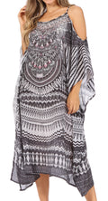 Sakkas Amaya Loose Fit Long Printed Strappy Cutout Shoulder Boat Neck Kaftan Dress#color_TRW147-White