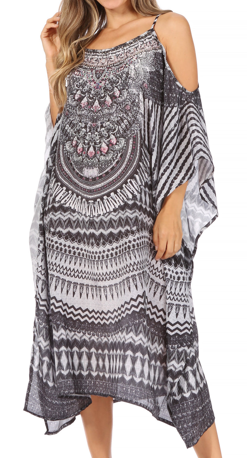 Sakkas Amaya Loose Fit Long Printed Strappy Cutout Shoulder Boat Neck Kaftan Dress