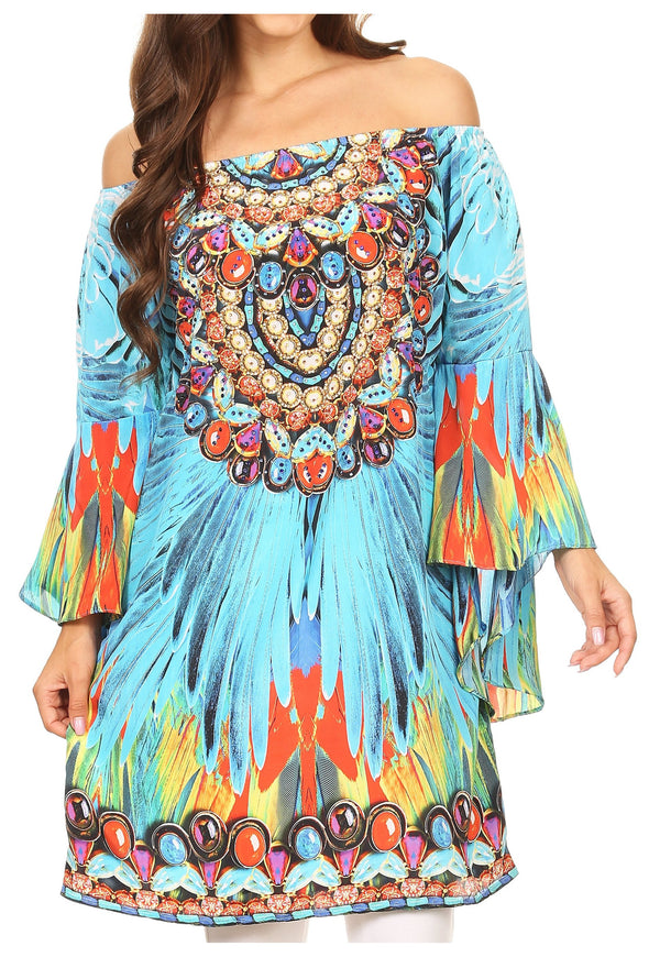 Sakkas Inna Colorful Shift Dress Tunic with Bell Ruffled Sleeves & Rhinestones#color_FT90-Turq