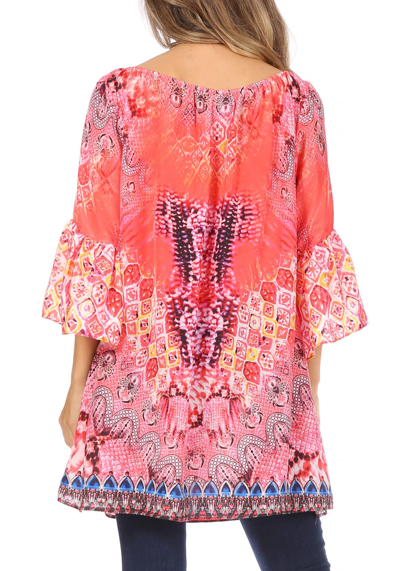 Sakkas Inna Colorful Shift Dress Tunic with Bell Ruffled Sleeves & Rhinestones