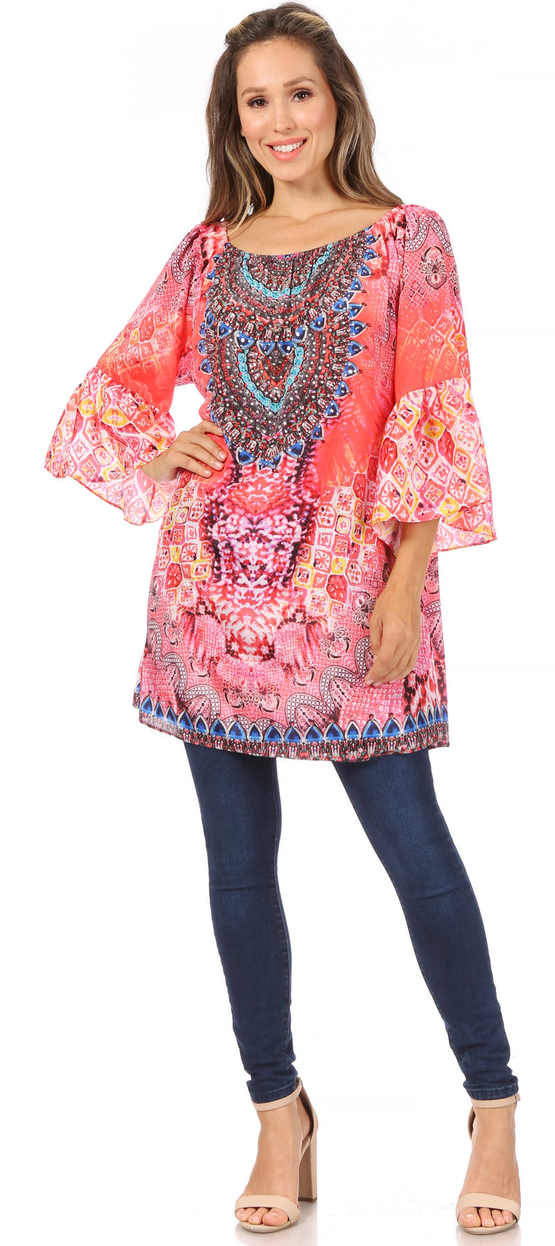 Sakkas Inna Colorful Shift Dress Tunic with Bell Ruffled Sleeves & Rhinestones