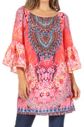 Sakkas Inna Colorful Shift Dress Tunic with Bell Ruffled Sleeves & Rhinestones#color_JR156-Red