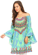 Sakkas Inna Colorful Shift Dress Tunic with Bell Ruffled Sleeves & Rhinestones