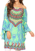 Sakkas Inna Colorful Shift Dress Tunic with Bell Ruffled Sleeves & Rhinestones#color_ONM126-Multi