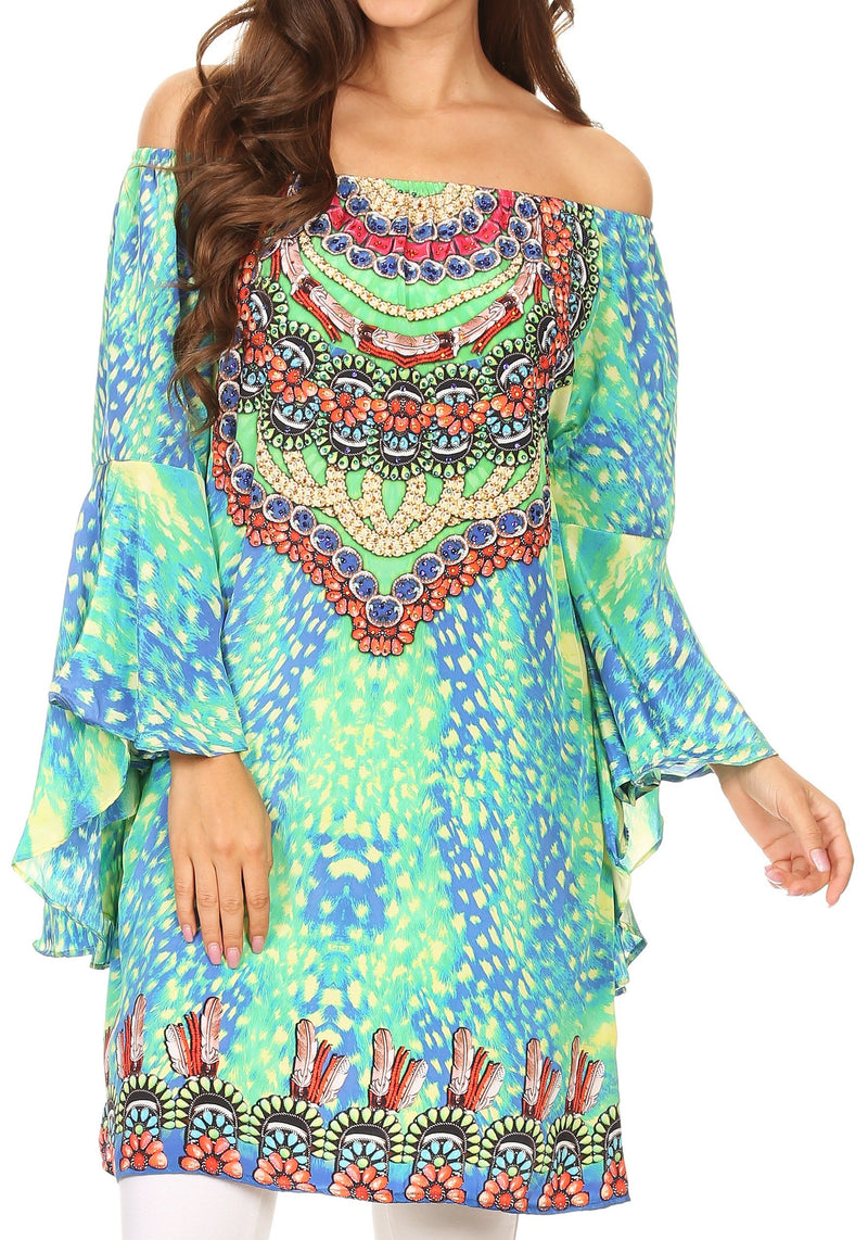 Sakkas Inna Colorful Shift Dress Tunic with Bell Ruffled Sleeves & Rhinestones