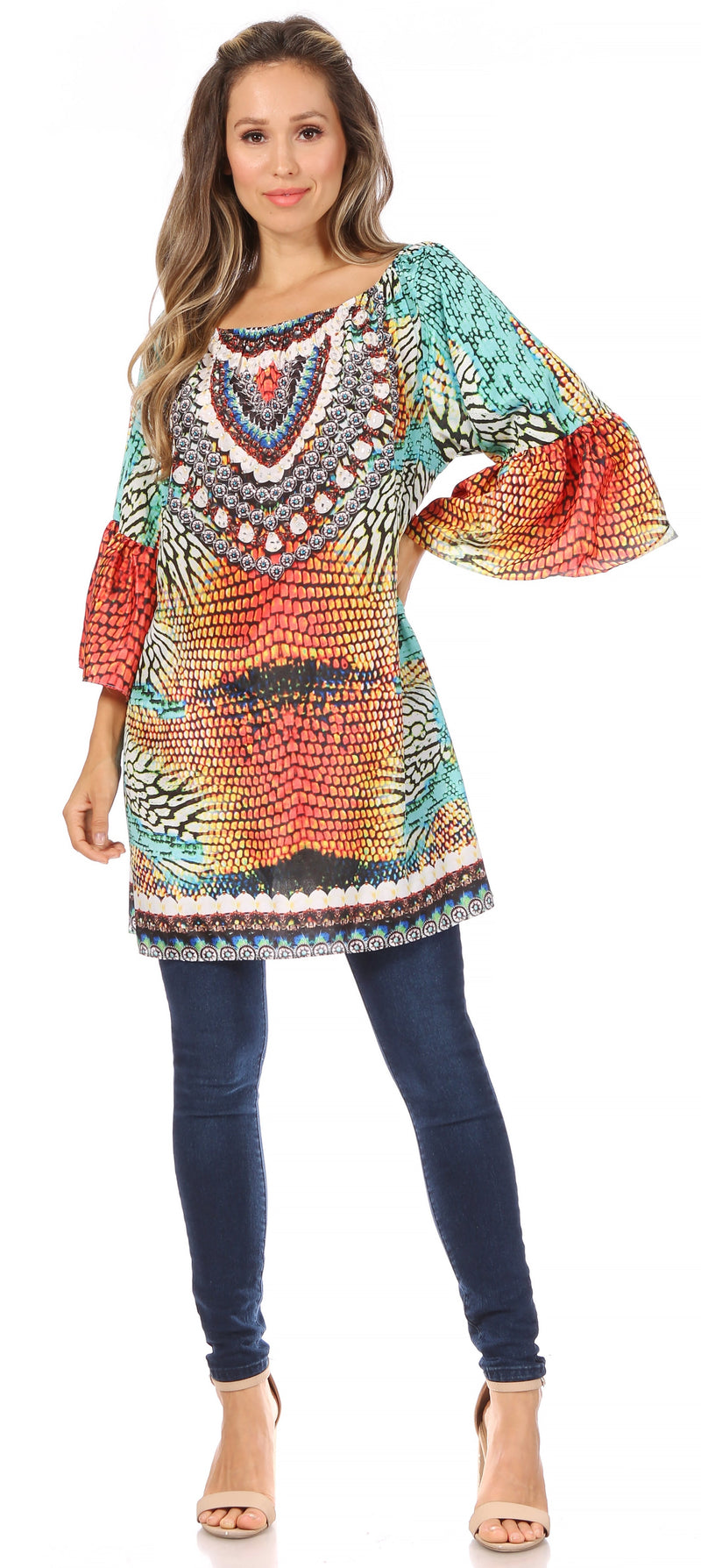 Sakkas Inna Colorful Shift Dress Tunic with Bell Ruffled Sleeves & Rhinestones