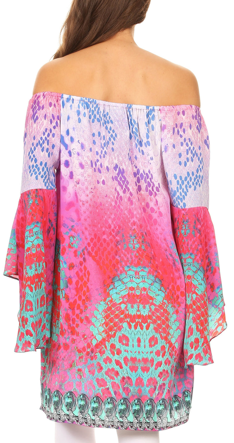 Sakkas Inna Colorful Shift Dress Tunic with Bell Ruffled Sleeves & Rhinestones