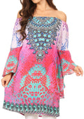 Sakkas Inna Colorful Shift Dress Tunic with Bell Ruffled Sleeves & Rhinestones#color_SM104-Multi