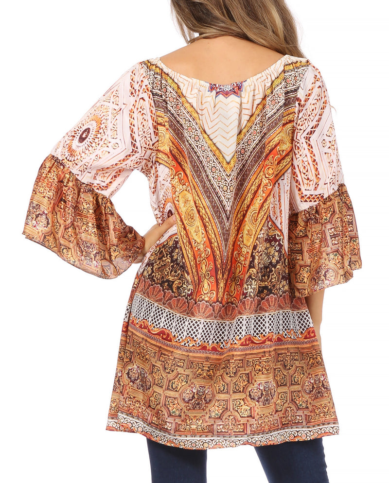 Sakkas Inna Colorful Shift Dress Tunic with Bell Ruffled Sleeves & Rhinestones