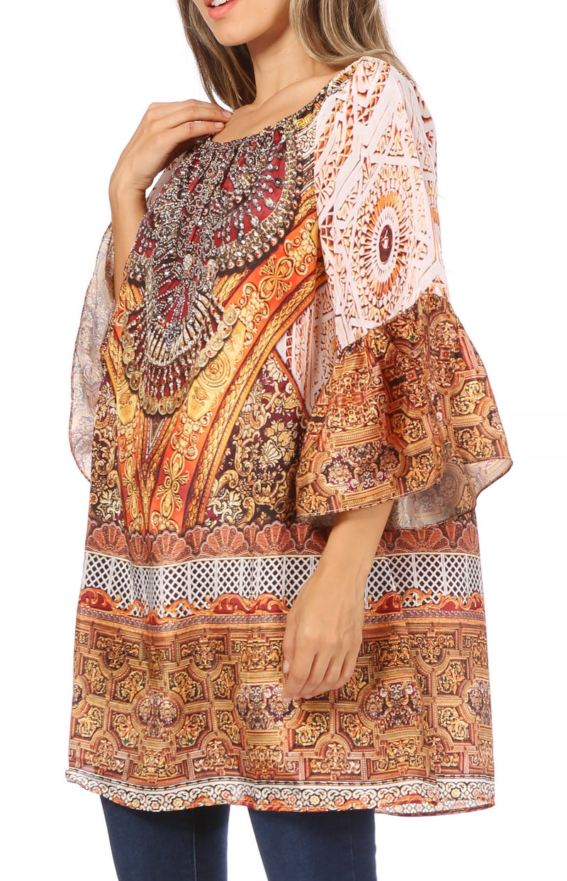 Sakkas Inna Colorful Shift Dress Tunic with Bell Ruffled Sleeves & Rhinestones