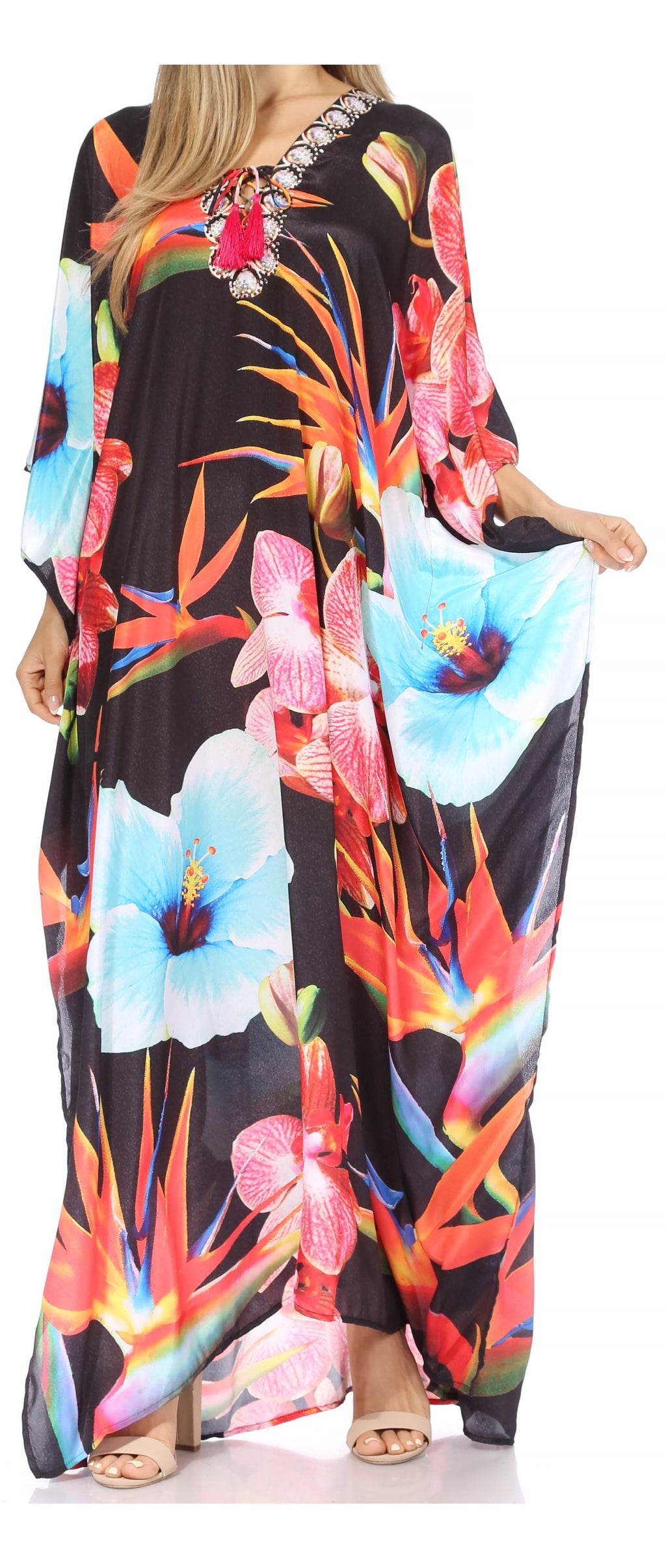 Sakkas Georgettina Flowy Rhinestone V Neck Long Caftan Dress