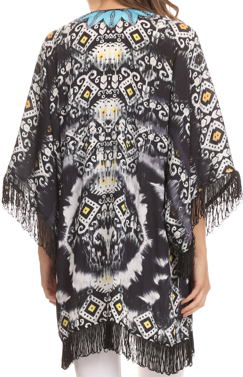 Sakkas Holiday Tribal Sheer Kimono Top Cardigan With Fringe And Open Front