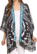 Sakkas Holiday Tribal Sheer Kimono Top Cardigan With Fringe And Open Front#color_Black/Multi