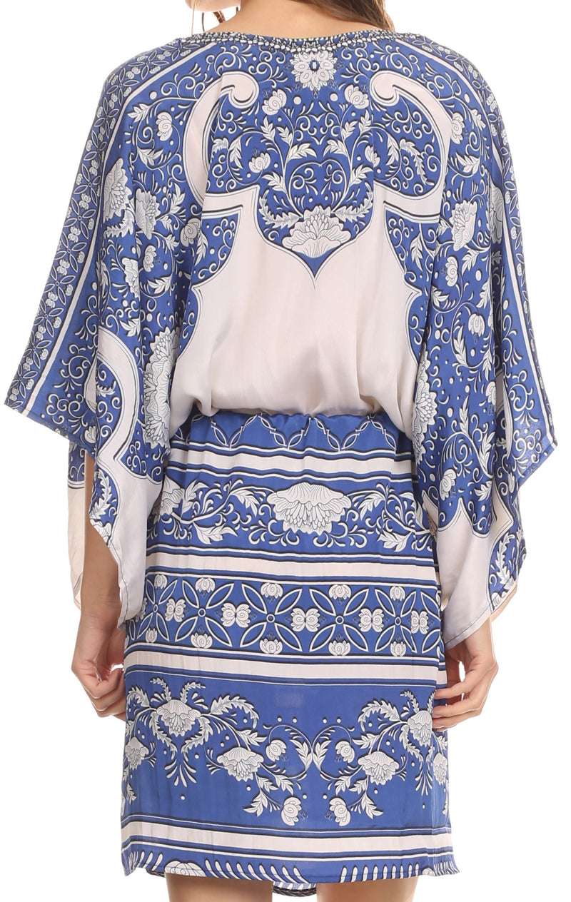 Sakkas Zander Drawstring Waist Dress / Cover Up With Rhinestone  V-Neck
