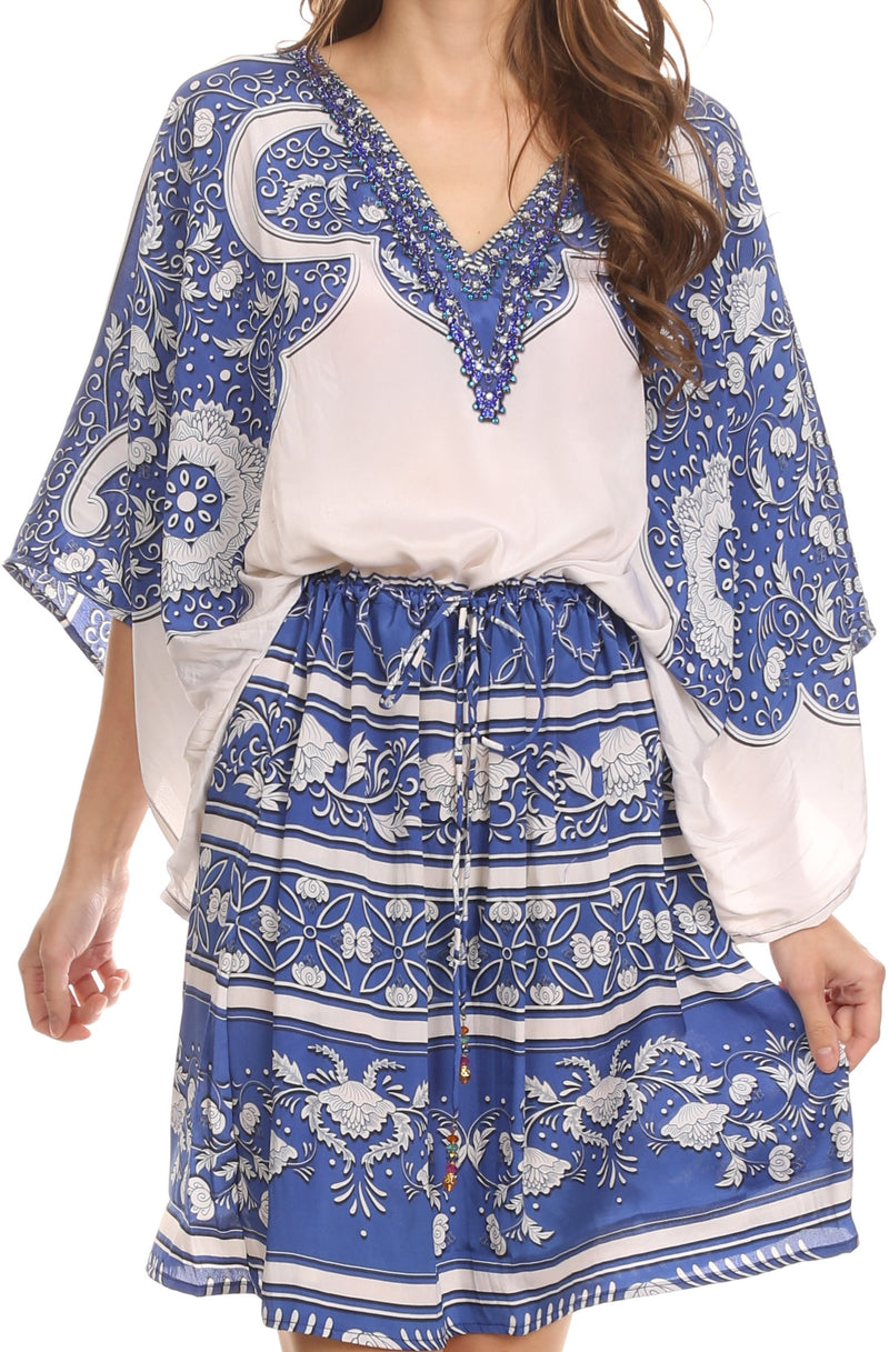 Sakkas Zander Drawstring Waist Dress / Cover Up With Rhinestone  V-Neck