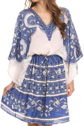 Sakkas Zander Drawstring Waist Dress / Cover Up With Rhinestone  V-Neck#color_Navy/White
