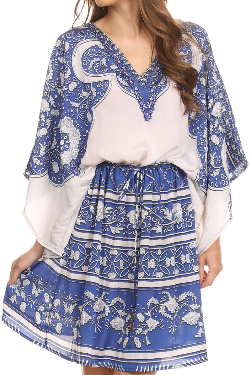 Sakkas Zander Drawstring Waist Dress / Cover Up With Rhinestone  V-Neck