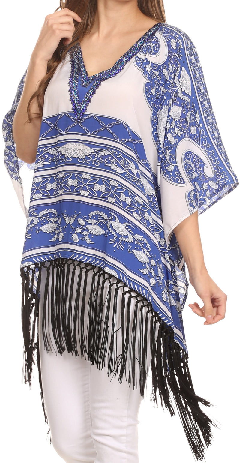 Sakkas Short Poncho Tatum Poncho Top Shirt Blouse With Knotted Fringe Tassles