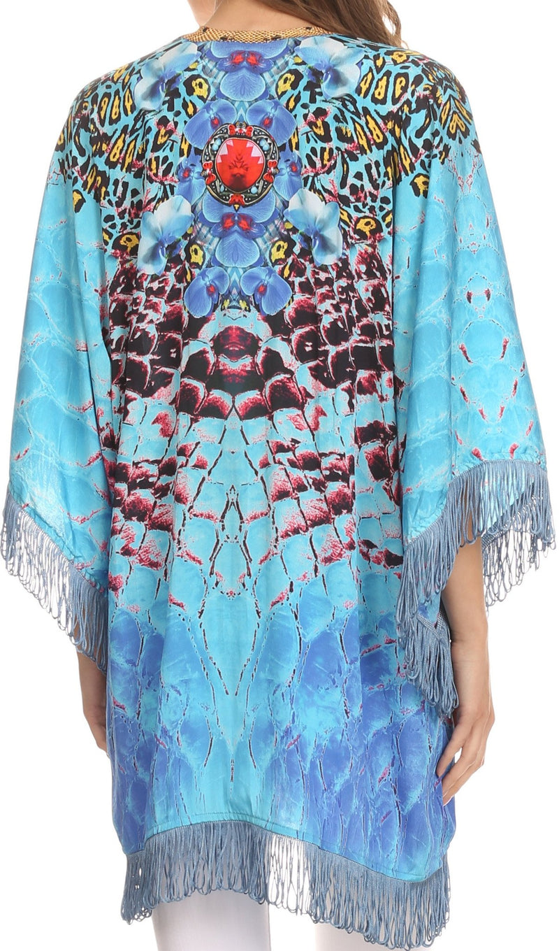 Sakkas Holiday Tribal Sheer Kimono Top Cardigan With Fringe And Open Front