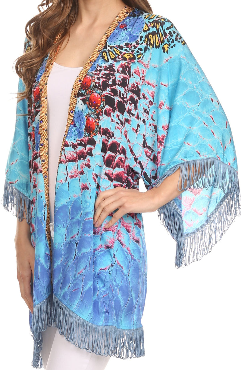 Sakkas Holiday Tribal Sheer Kimono Top Cardigan With Fringe And Open Front