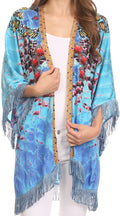 Sakkas Holiday Tribal Sheer Kimono Top Cardigan With Fringe And Open Front#color_TurquoiseBlue/Multi