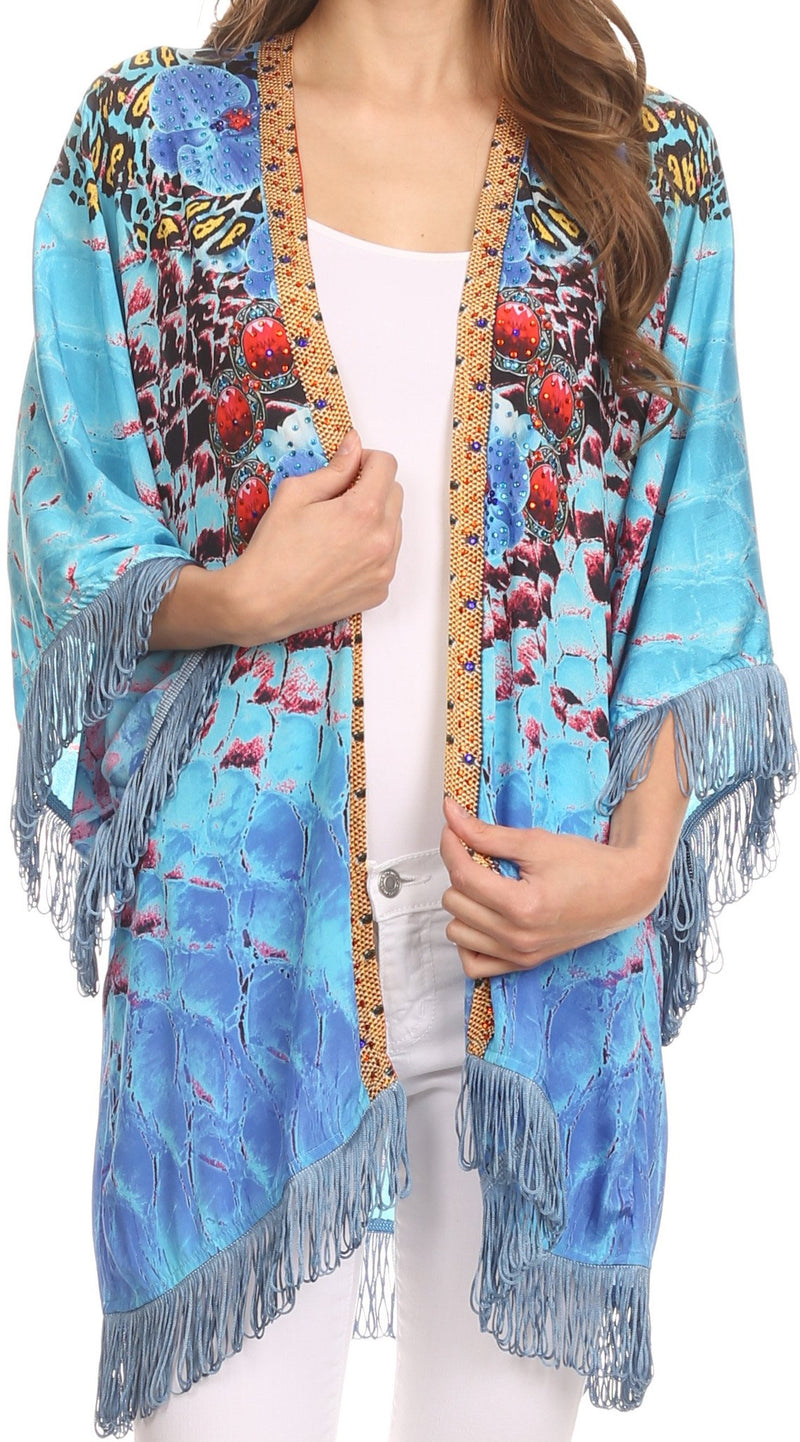 Sakkas Holiday Tribal Sheer Kimono Top Cardigan With Fringe And Open Front