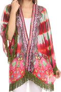 Sakkas Kimono Finley Sheer Kimono Top Cardigan Jacket With With Fringe And Design Print#color_Red / Multi