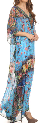 Sakkas Wilder  Printed Design Long Sheer Rhinestone Caftan Dress / Cover Up