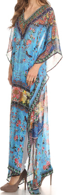 Sakkas Wilder  Printed Design Long Sheer Rhinestone Caftan Dress / Cover Up