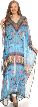 Sakkas Wilder  Printed Design Long Sheer Rhinestone Caftan Dress / Cover Up