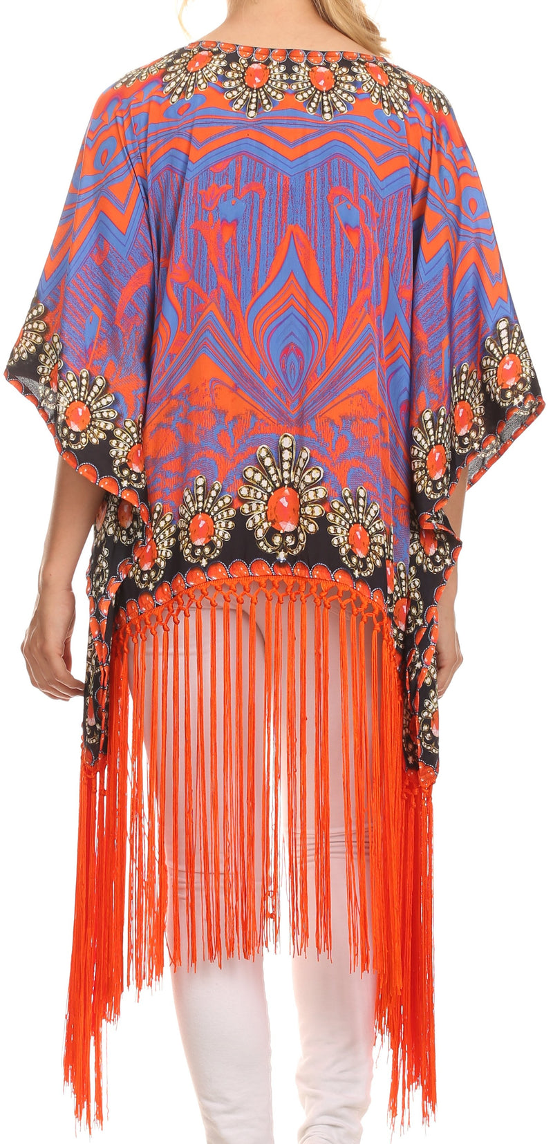 Sakkas  Keagan Mid Length Poncho Blouse Shirt Top With Fringe And Tribal Print